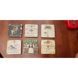 Set of 6 Travertine Stone, 4” Drink Coasters, Cork Backed. Natural Stone